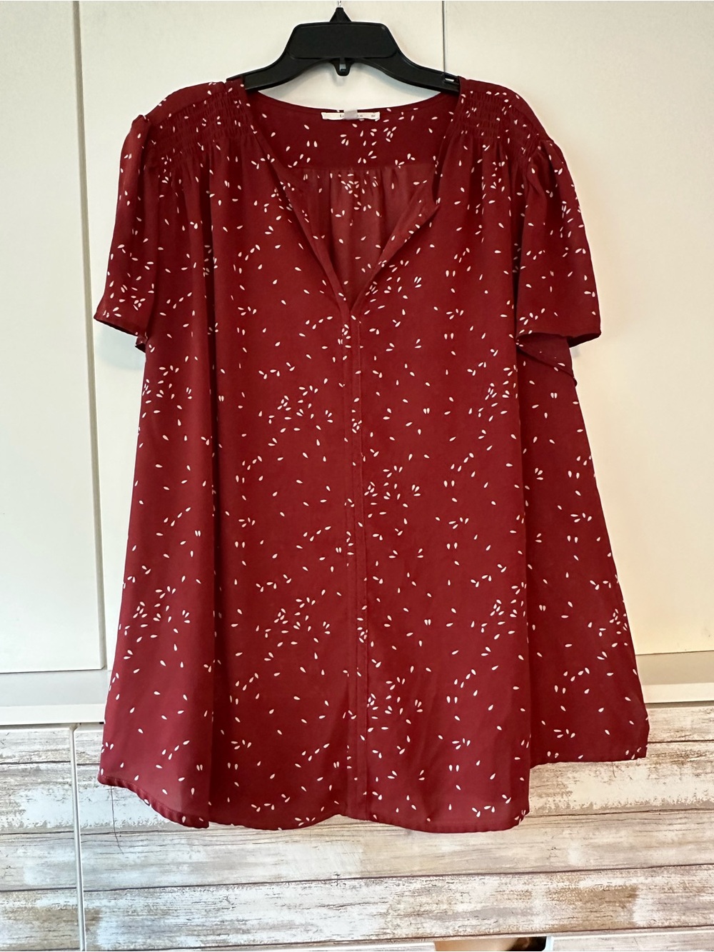 🍂 Fun2Fun Burgundy Print Peasant Blouse Plus Size 3X Short Sleeve